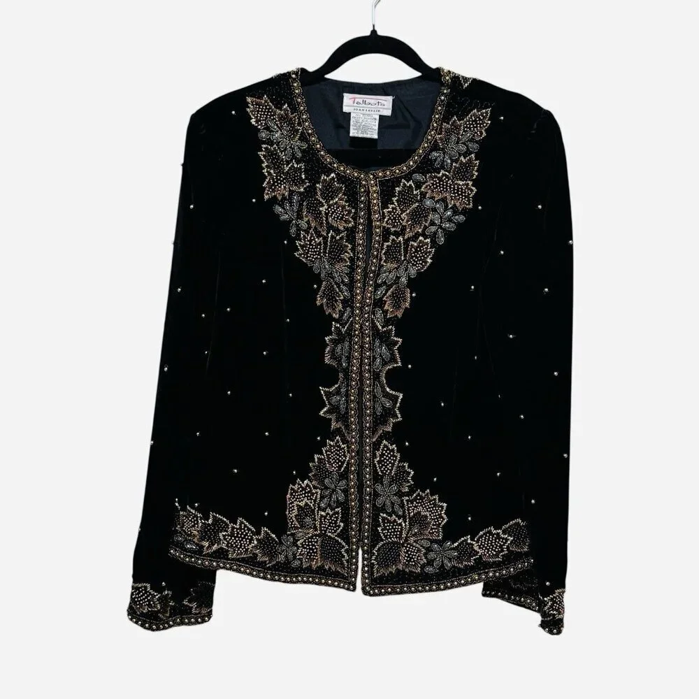 Vintage Beaded Black Velvet Gold Copper Luxurious Formal Womens Jacket Size 18